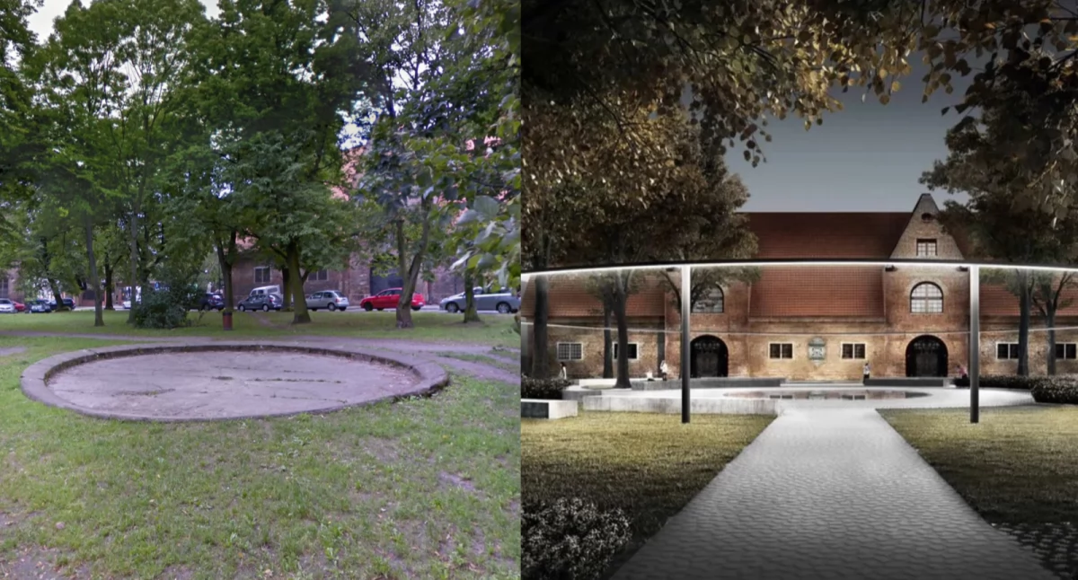 Plac Wałowy dziś i na wizualizacji z 2020 r., fot. Google/Gzowski Architekci/Restudio Jacaszek Architekci.